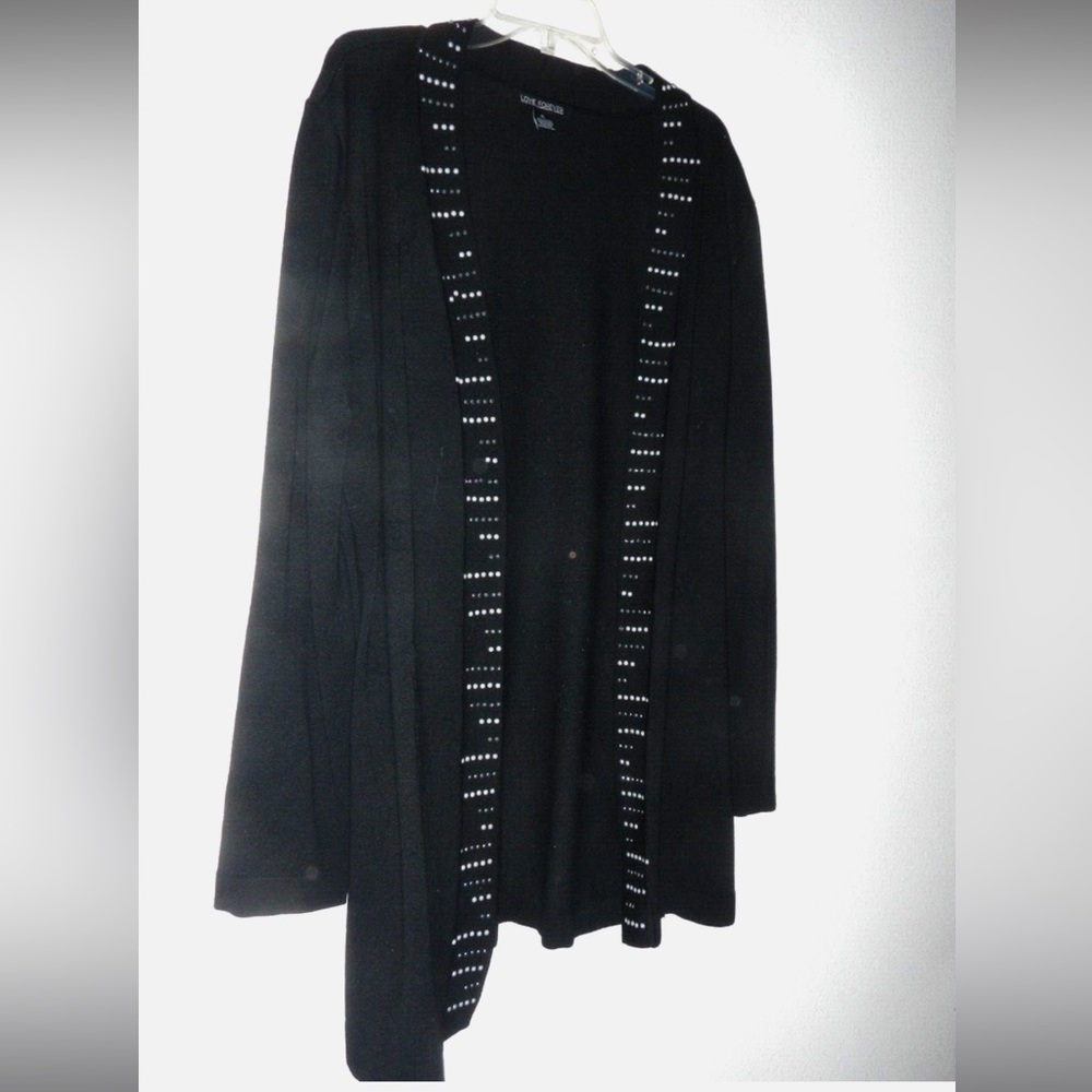 Women’s Embellished Black Open Cardigan with Silver Bedazzled Accents and Pocket